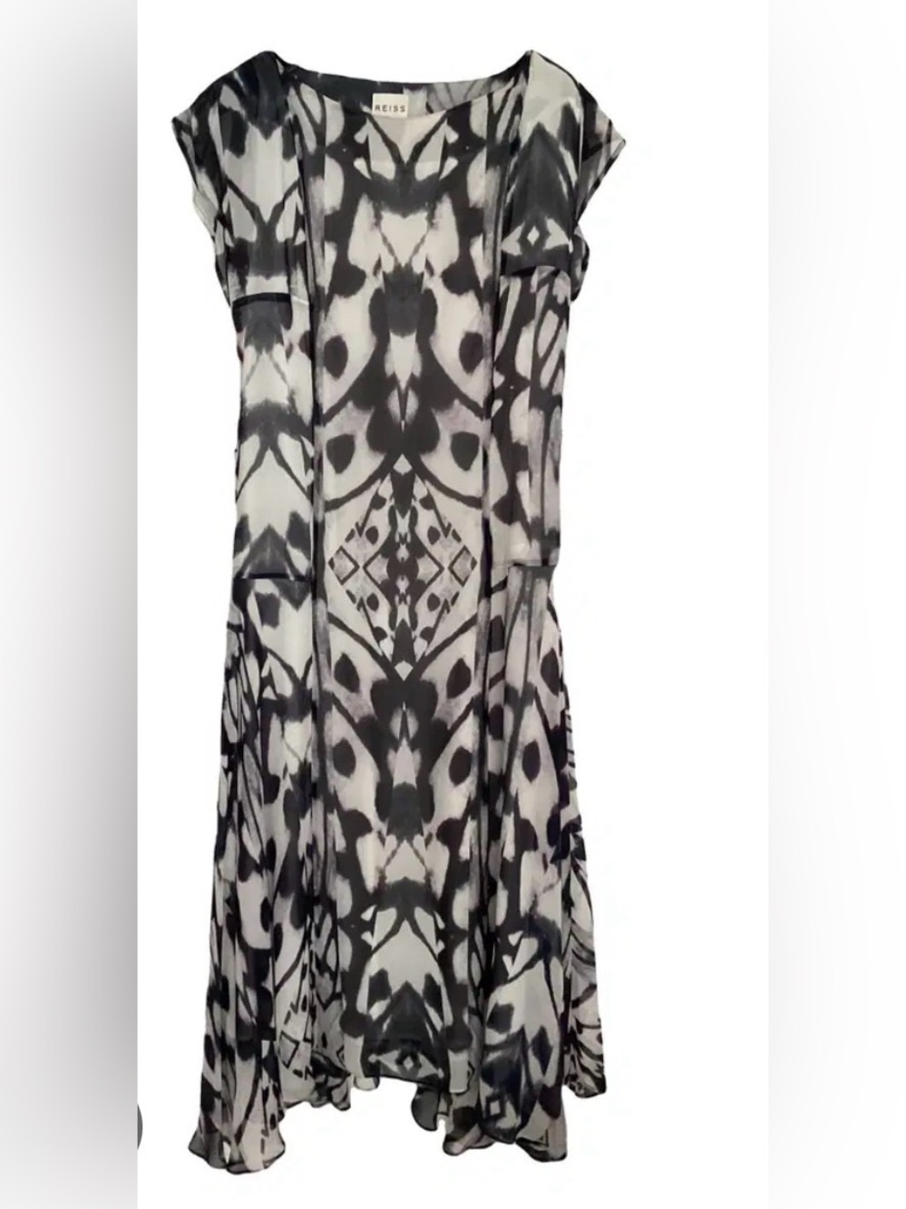 Reiss Athena 100% Silk Black White Abstract Cap Sleeve Maxi Dress Size 6